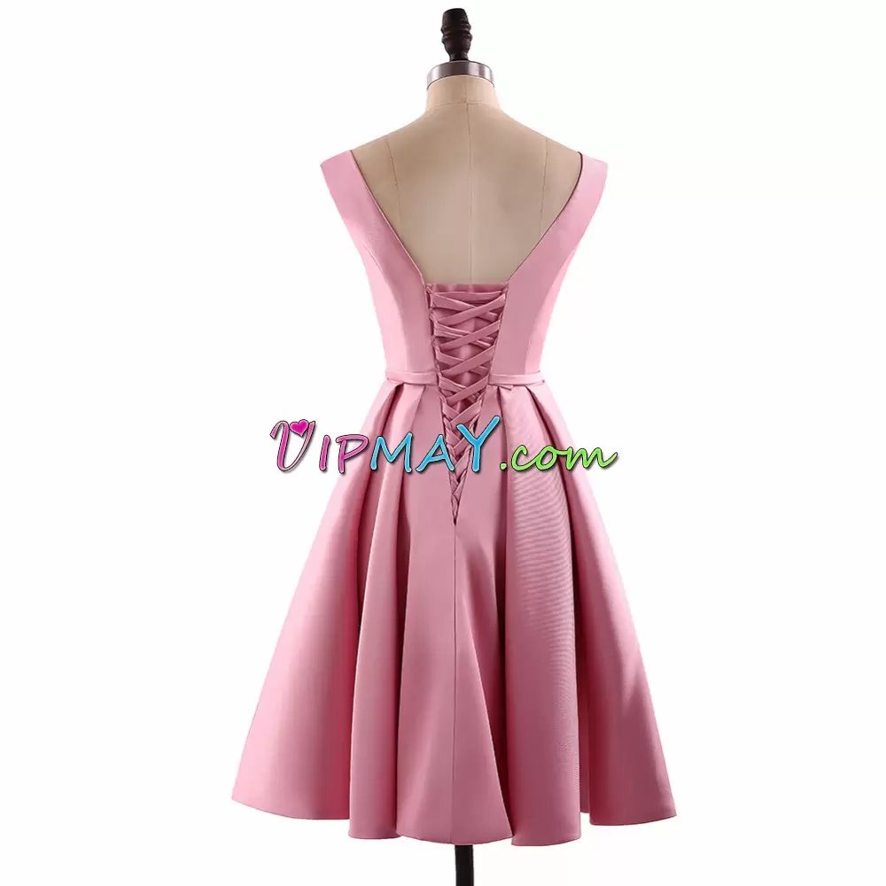 V-neck Sleeveless Lace Up Homecoming Dress Baby Pink Satin Appliques