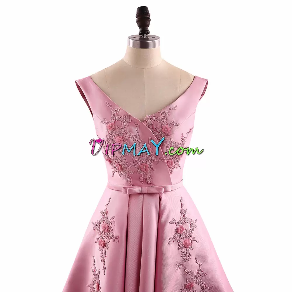 V-neck Sleeveless Lace Up Homecoming Dress Baby Pink Satin Appliques