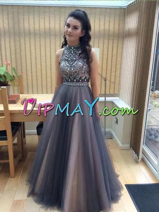 two tone long prom dress,silver gray mother of the bride dress,sleeveless keyhole prom dress,a line high neck prom dress,prom dress with high neck,backless prom dress plus size,backless beaded prom dress,
