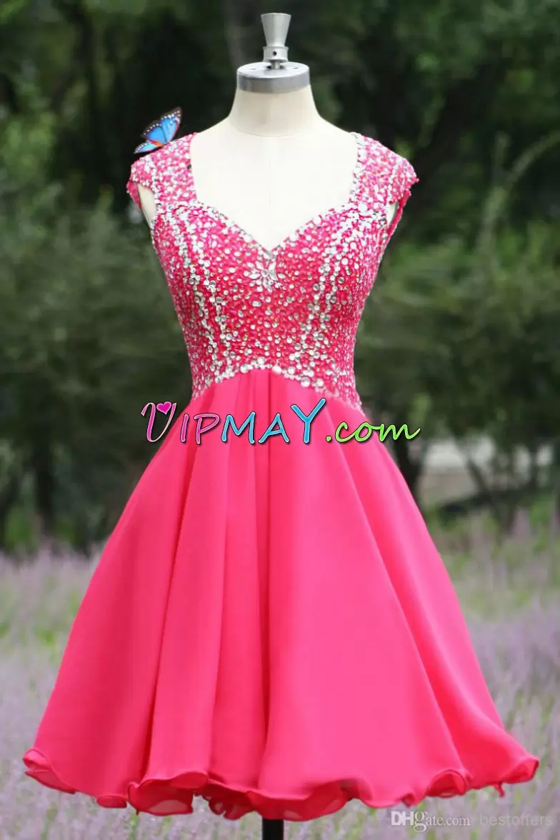 Custom Made Hot Pink A-line V-neck Cap Sleeves Chiffon Mini Length Backless Beading