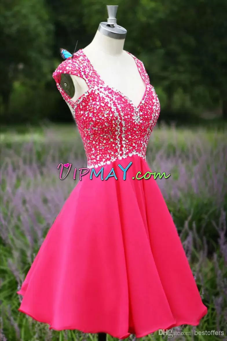 Custom Made Hot Pink A-line V-neck Cap Sleeves Chiffon Mini Length Backless Beading