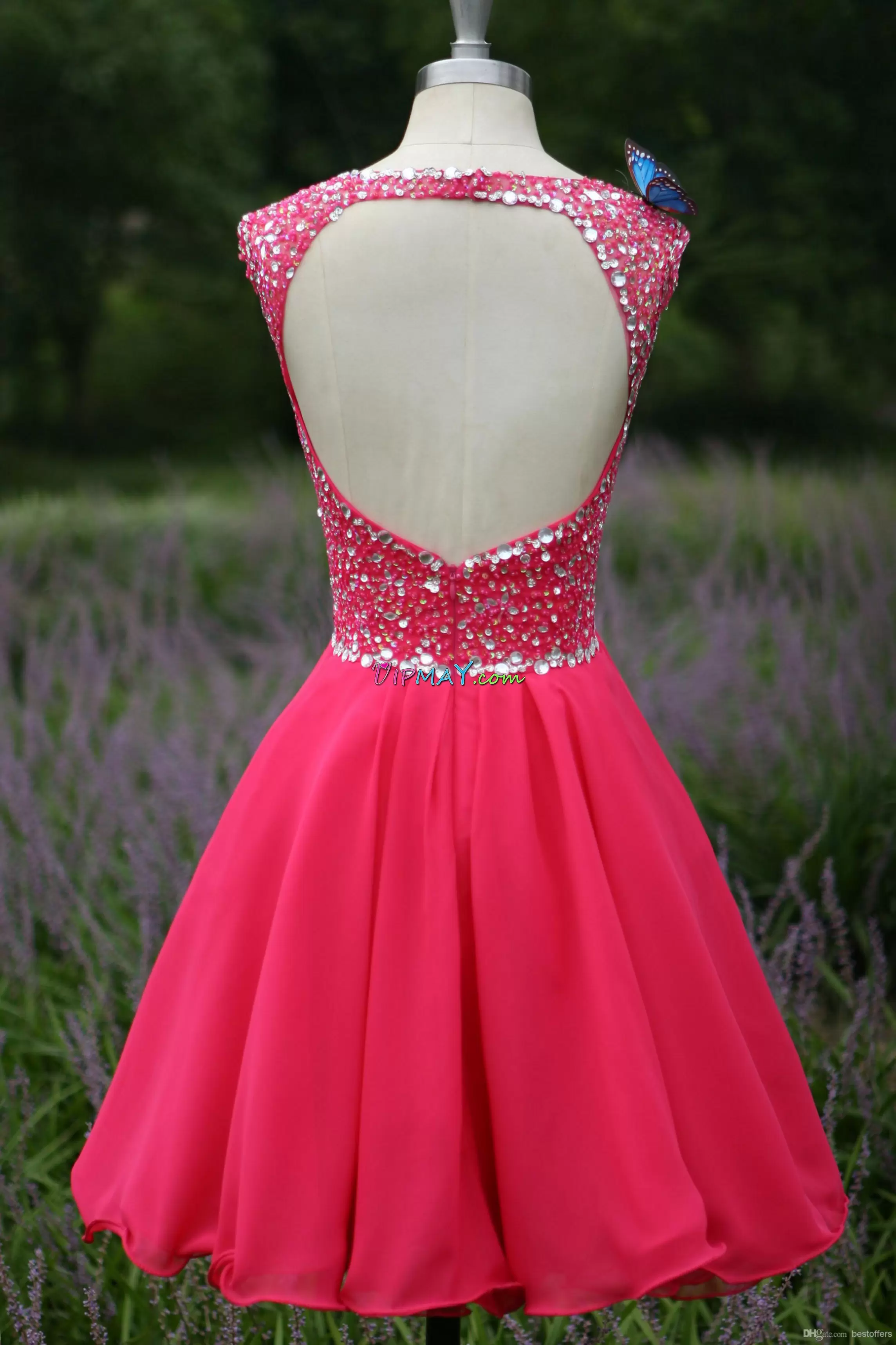 Custom Made Hot Pink A-line V-neck Cap Sleeves Chiffon Mini Length Backless Beading