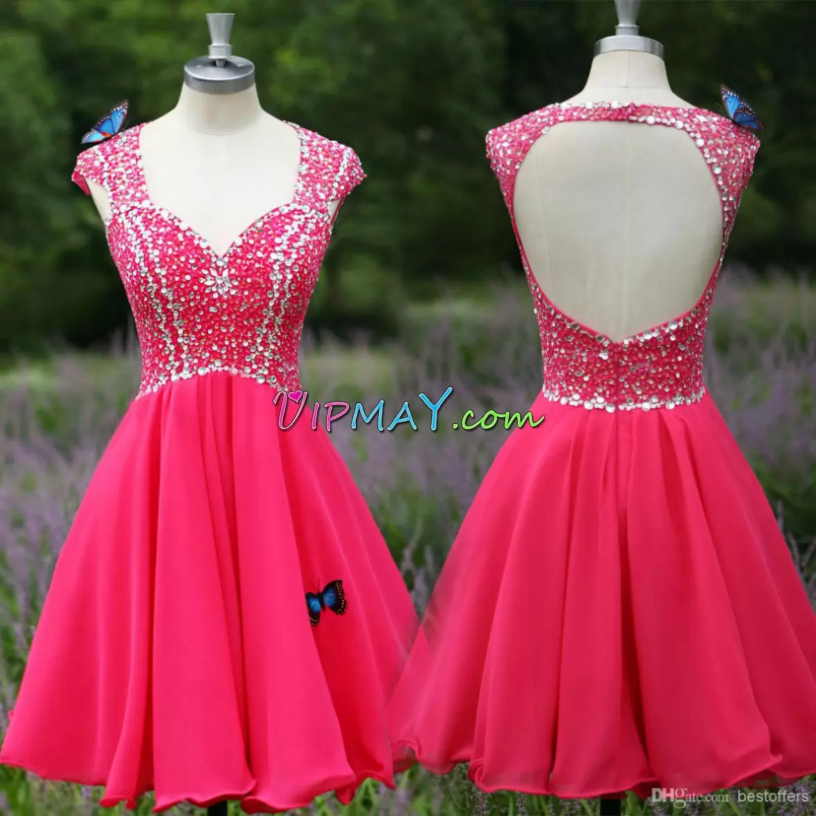 Custom Made Hot Pink A-line V-neck Cap Sleeves Chiffon Mini Length Backless Beading