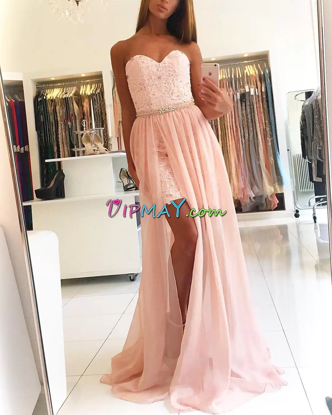 Discount Pink Chiffon Lace Up Sleeveless Sweep Train Beading and Lace