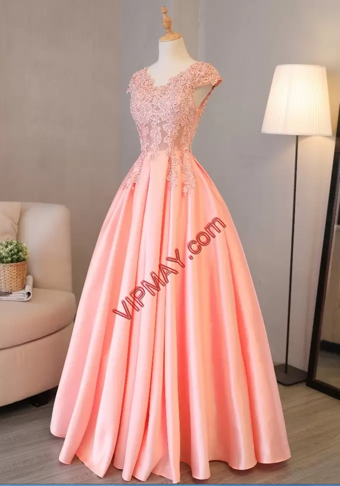 Sleeveless V-neck Lace Up Floor Length Beading and Appliques Homecoming Dress V-neck