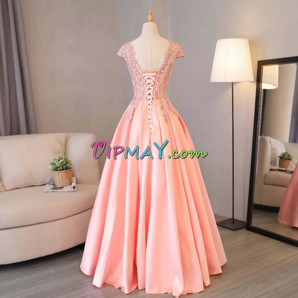 Sleeveless V-neck Lace Up Floor Length Beading and Appliques Homecoming Dress V-neck