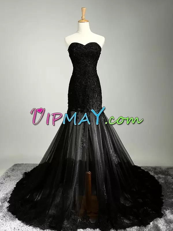 Top Selling Floor Length Black Dress for Prom Sweetheart Sleeveless Chapel Train Zipper