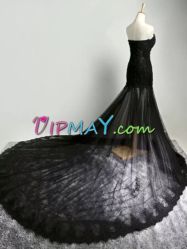 Top Selling Floor Length Black Dress for Prom Sweetheart Sleeveless Chapel Train Zipper