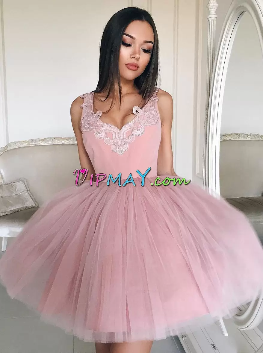 Deluxe Mini Length Pink Prom Evening Gown Tulle Sleeveless Appliques