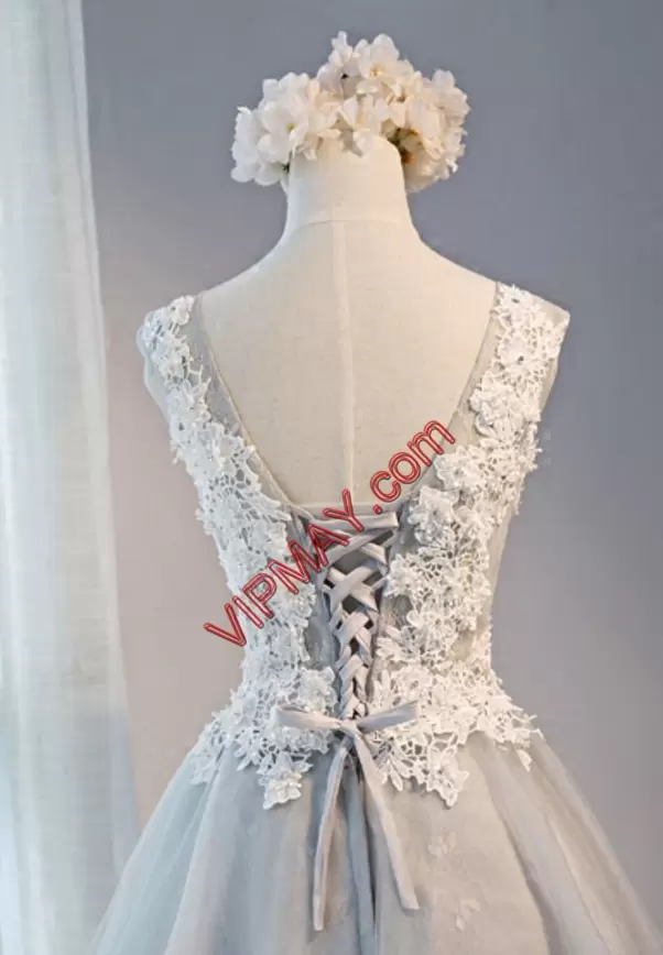 Exquisite Sleeveless V-neck Lace Up Mini Length Lace and Appliques Homecoming Dress V-neck