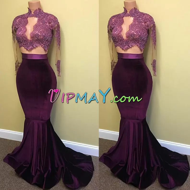 Custom Fit Eggplant Purple Long Sleeves Satin Backless for Prom and Party and Military Ball