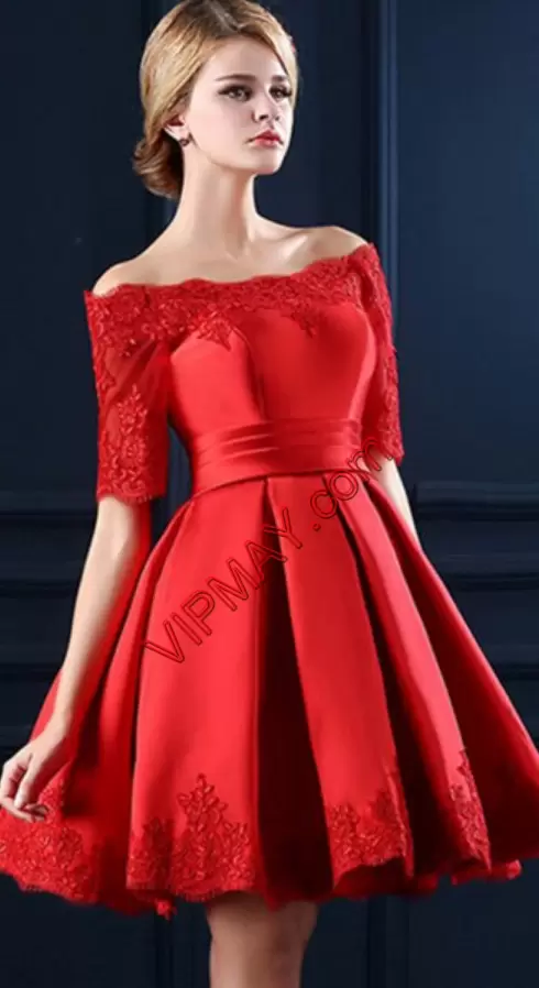 Charming Half Sleeves Mini Length Lace and Appliques Homecoming Party Dress with Red