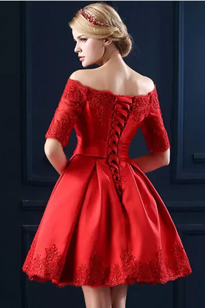 Charming Half Sleeves Mini Length Lace and Appliques Homecoming Party Dress with Red