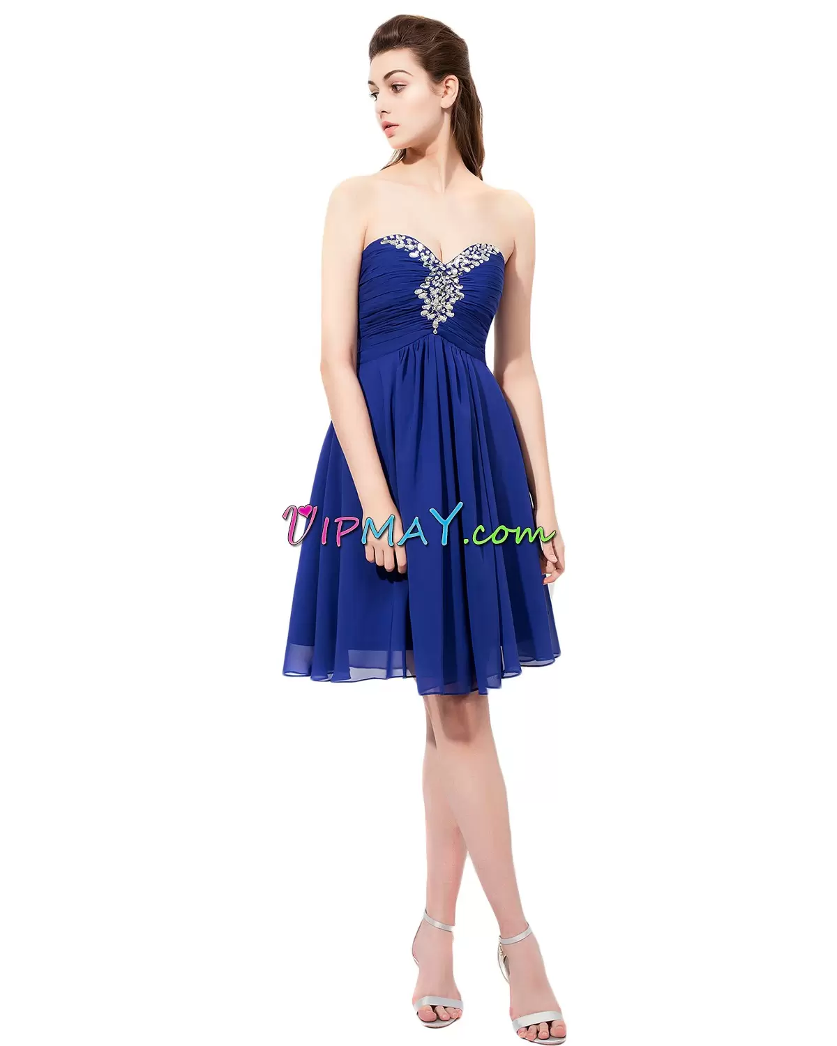 Top Selling Royal Blue A-line Sweetheart Sleeveless Chiffon Knee Length Lace Up Beading Junior Homecoming Dress