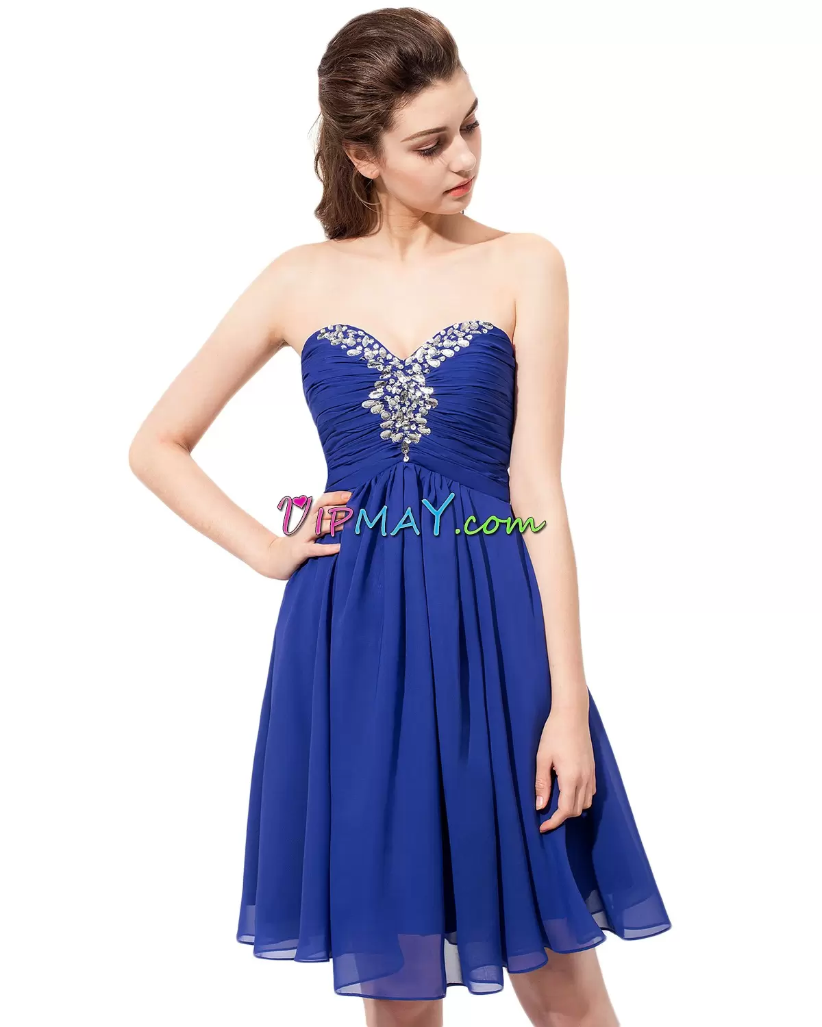 Top Selling Royal Blue A-line Sweetheart Sleeveless Chiffon Knee Length Lace Up Beading Junior Homecoming Dress