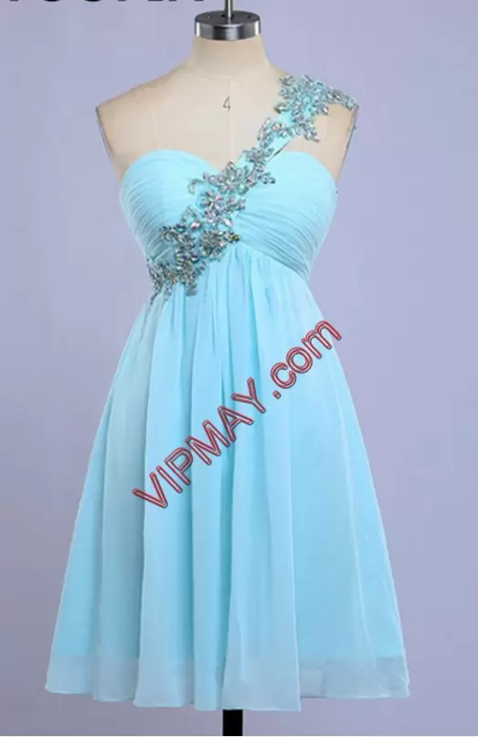 Cute Aqua Blue Chiffon Beaded One Shoulder Homecoming Dress Cheap