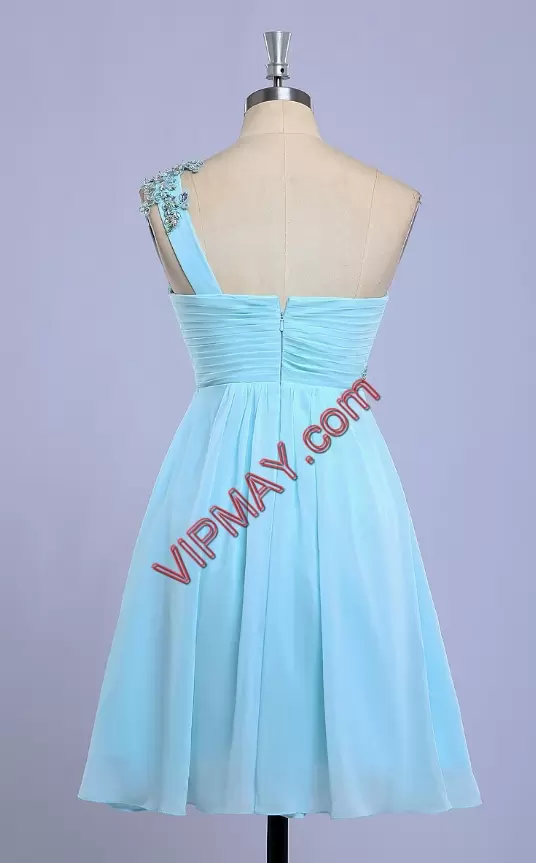 Cute Aqua Blue Chiffon Beaded One Shoulder Homecoming Dress Cheap