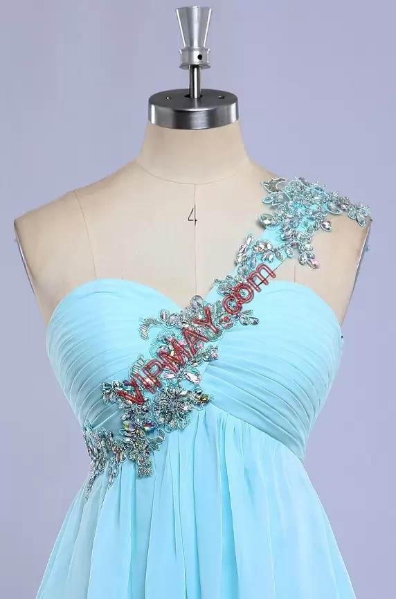 Cute Aqua Blue Chiffon Beaded One Shoulder Homecoming Dress Cheap