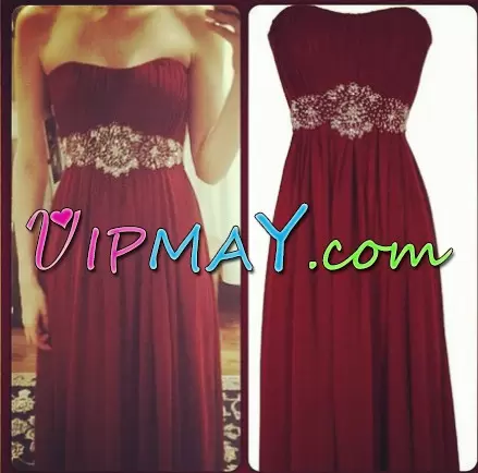 Suitable Chiffon Strapless Sleeveless Zipper Beading and Ruching in Burgundy