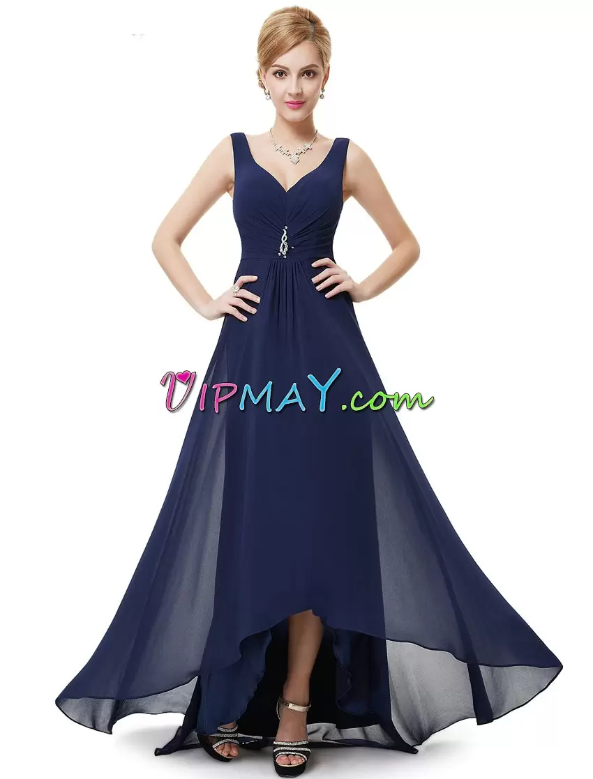 Navy Blue Sleeveless Floor Length Beading Zipper Evening Dress V-neck