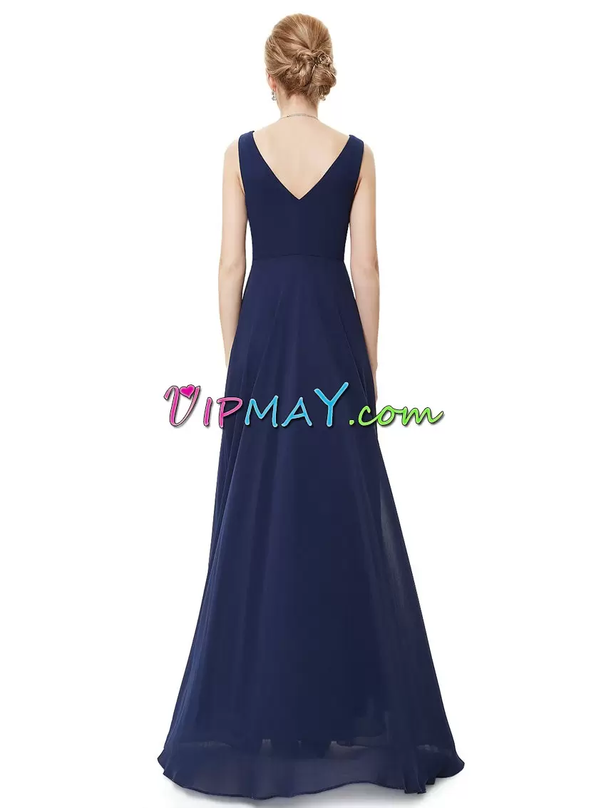 Navy Blue Sleeveless Floor Length Beading Zipper Evening Dress V-neck