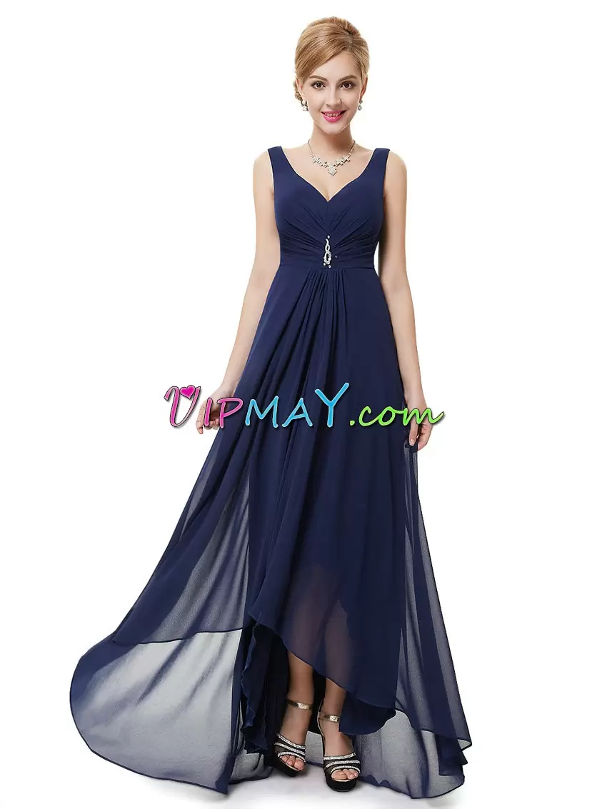 Navy Blue Sleeveless Floor Length Beading Zipper Evening Dress V-neck