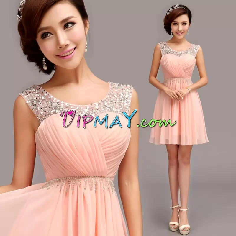 Sleeveless Mini Length Beading and Ruching Zipper Homecoming Party Dress with Pink