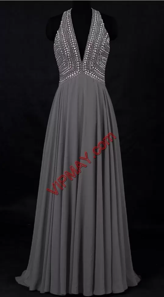 Noble Grey Chiffon Backless Prom Evening Gown Sleeveless Floor Length Beading