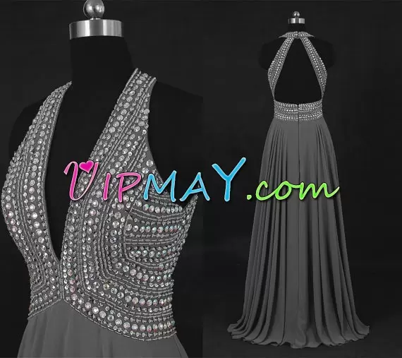 Noble Grey Chiffon Backless Prom Evening Gown Sleeveless Floor Length Beading