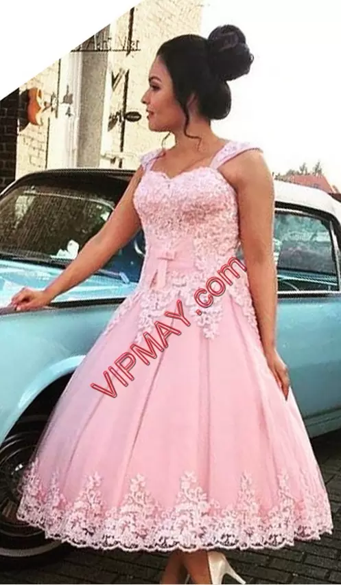 Straps Sleeveless Lace Up Evening Dress Pink Satin Beading and Appliques and Ruching and Bowknot