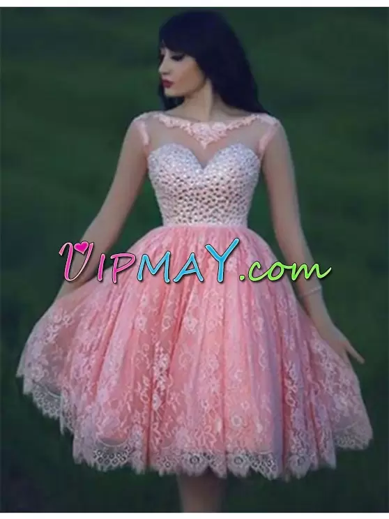 Sleeveless Lace Mini Length Backless Homecoming Dress Online in Pink with Beading