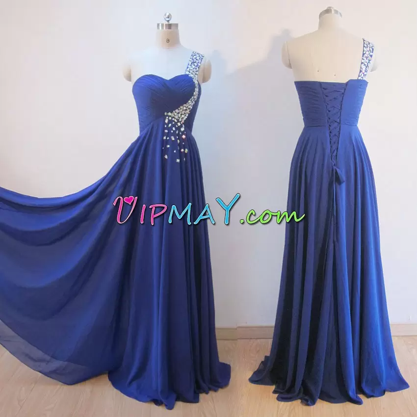Unique Royal Blue Sleeveless Floor Length Beading Lace Up Evening Outfits One Shoulder