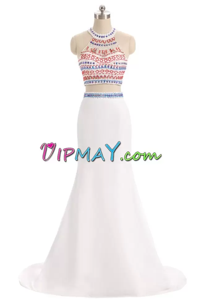 White Two Pieces Halter Top Sleeveless Satin Floor Length Sweep Train Lace Up Beading and Lace Prom Evening Gown