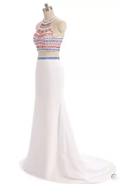 White Two Pieces Halter Top Sleeveless Satin Floor Length Sweep Train Lace Up Beading and Lace Prom Evening Gown