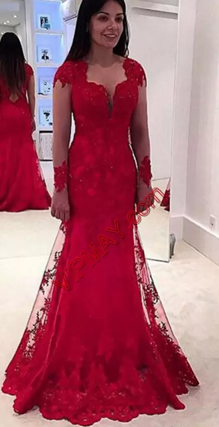 Red Mermaid Satin Sweetheart Cap Sleeves Lace and Appliques Floor Length Backless