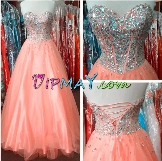 Fine Sleeveless Tulle Floor Length Lace Up Prom Party Dress in Pink and Orange with Beading