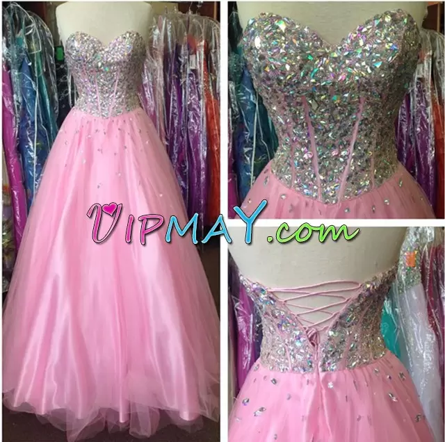 Fine Sleeveless Tulle Floor Length Lace Up Prom Party Dress in Pink and Orange with Beading