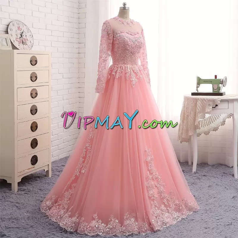 Delicate Appliques Homecoming Gowns Pink Long Sleeves Floor Length