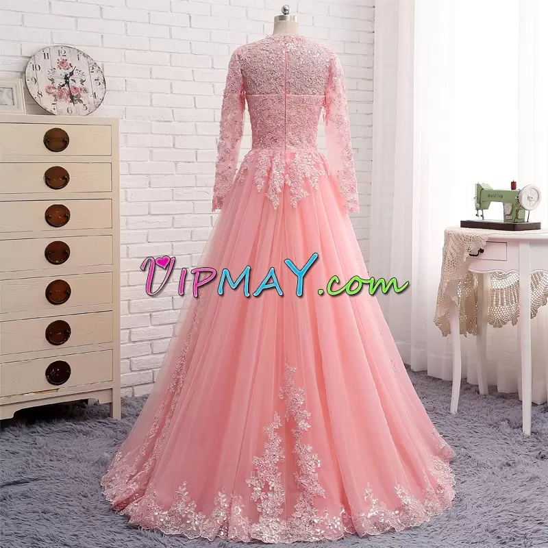 Delicate Appliques Homecoming Gowns Pink Long Sleeves Floor Length