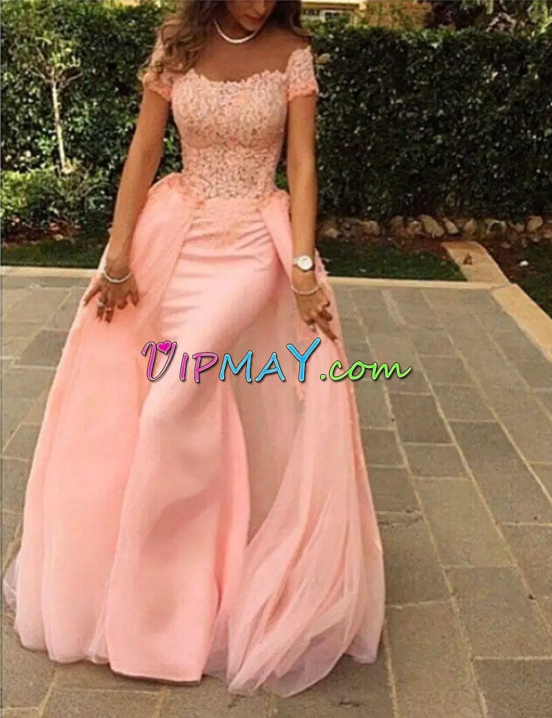 Captivating Pink Off The Shoulder Lace Up Appliques Prom Dresses Short Sleeves