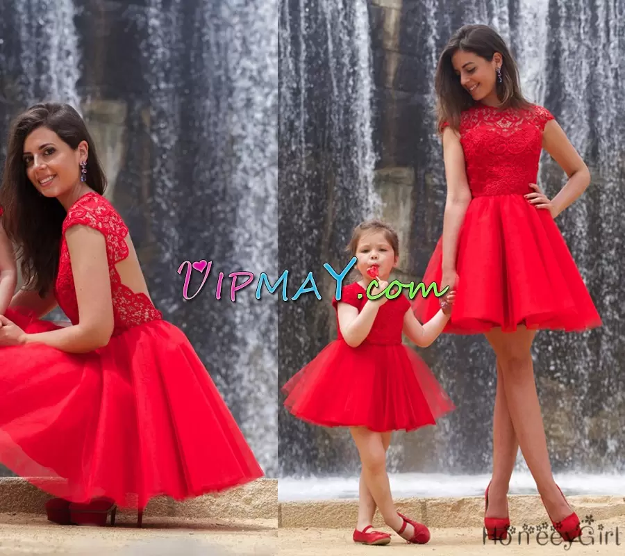 Gorgeous Red Backless Scoop Lace Prom Dress Organza Cap Sleeves