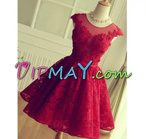 Extravagant A-line Homecoming Gowns Red Scoop Cap Sleeves Mini Length Backless