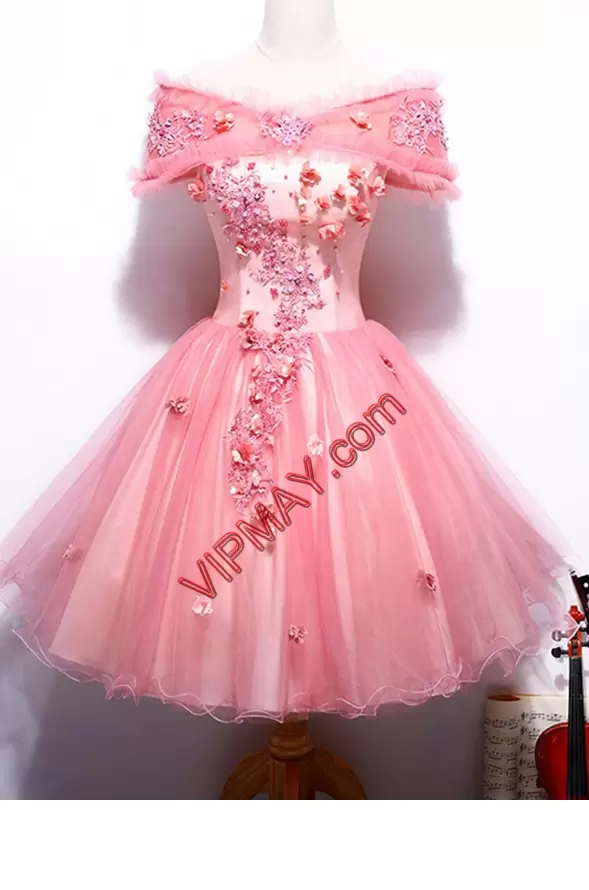 Watermelon Red Dress for Prom Prom and Party with Beading and Appliques Off The Shoulder Short Sleeves Lace Up