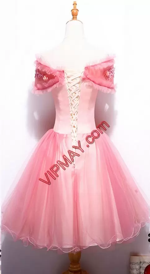 Watermelon Red Dress for Prom Prom and Party with Beading and Appliques Off The Shoulder Short Sleeves Lace Up