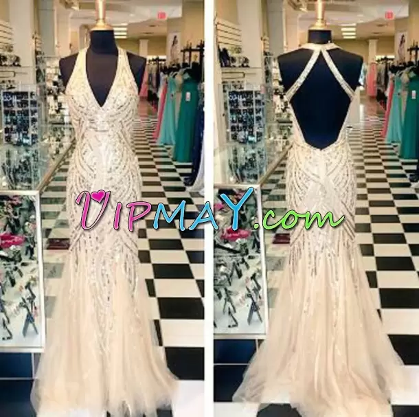 High Quality Champagne Backless Homecoming Party Dress Sequins Sleeveless Floor Length