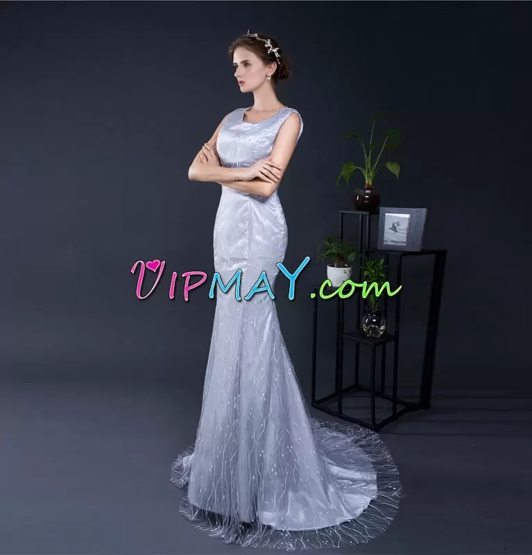 Sleeveless Scoop Sweep Train Zipper Beading Formal Evening Gowns Scoop