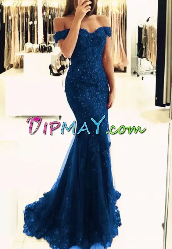 Royal Blue Sleeveless Sweep Train Lace Up Homecoming Party Dress for Prom and Party and Military Ball