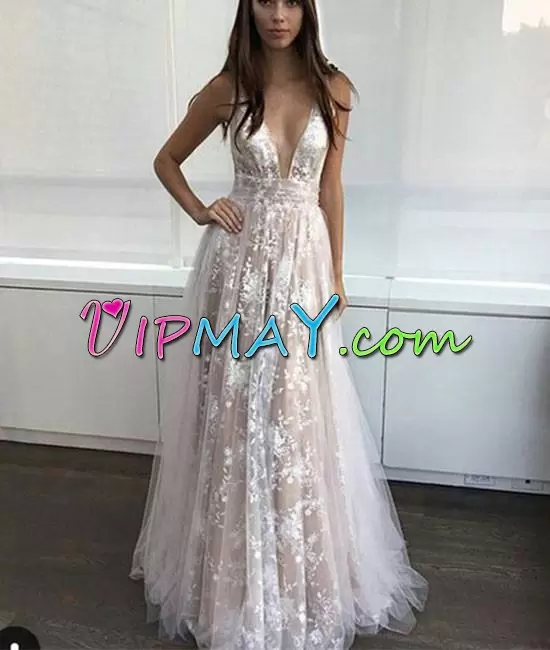 Sleeveless Floor Length Lace and Appliques Prom Dress with Champagne