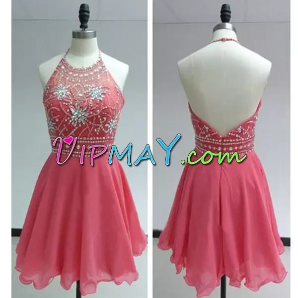 Coral Red Empire Beading Homecoming Dress Online Backless Chiffon Sleeveless Mini Length