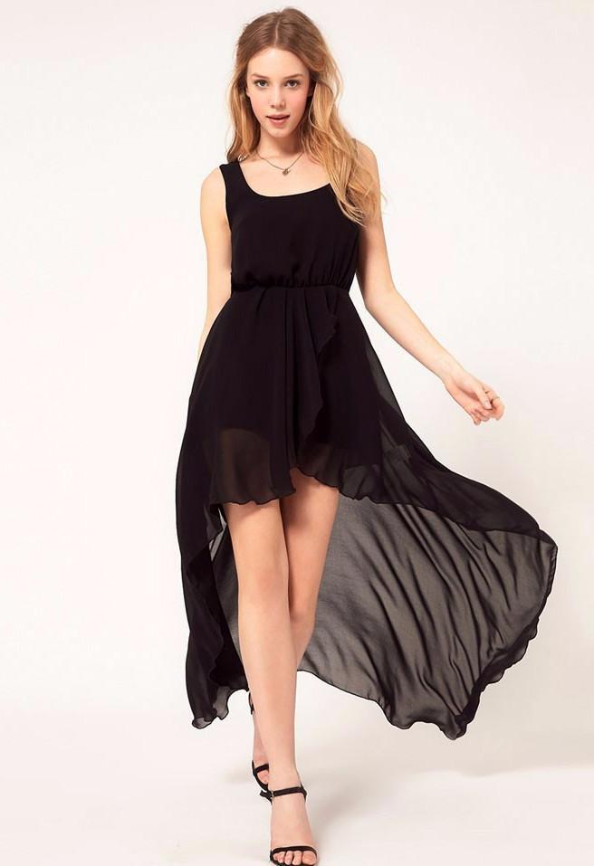 Straps Sleeveless High Low Ruching Black Chiffon Prom Dress